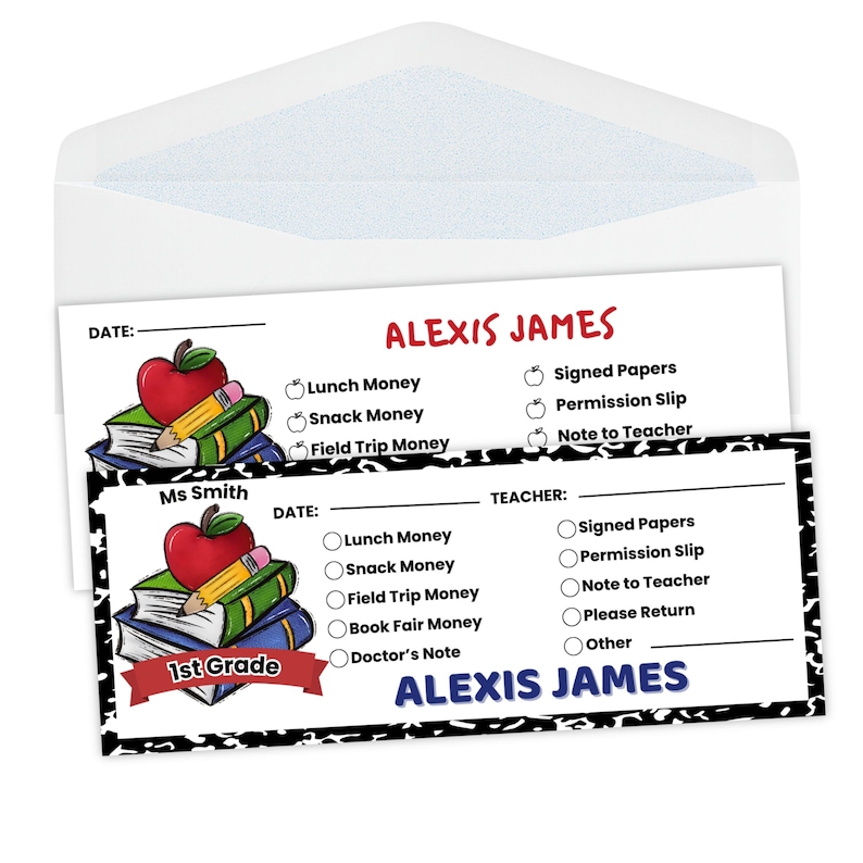 May include: School-themed stationery set featuring a white envelope and two matching cards. The cards have a black and white border and include spaces for student and teacher information, with options for lunch money, permission slips, and notes.