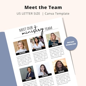 Peut inclure: Un modèle Canva intitulé "Meet the Team" au format US Letter. La conception présente une grille de six photos de profil avec le mot "NAME" en dessous de chacune. La phrase "MEET OUR ministry TEAM" est en haut, avec un bouton "INSTANT DOWNLOAD".