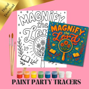 Może przedstawiać: Zestaw do śledzenia na imprezę malarską ze słowami "MAGNIFY the Lord". Zestaw zawiera kolorowankę, gotowy przykład, pędzle i małe słoiczki z farbą. Tło jest różowe.