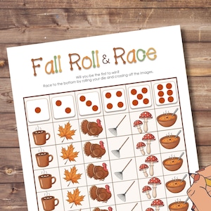 Fall Roll and Race Dice Game, Easy No Prep Game Printable Autumn Activity for Kids & Adults, Classroom, Church, Harvest Festival Activity