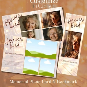 Tarjeta conmemorativa con foto y marcapáginas (plantilla editable en Canva), tributo funerario para imprimir en casa, recuerdo personalizado para celebrar la vida.