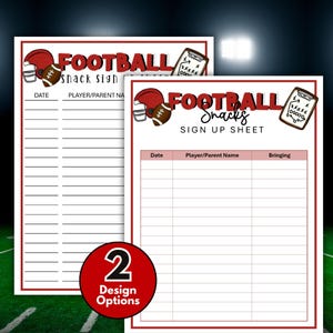 Peut inclure: Deux feuilles d'inscription pour collations de football avec des bordures rouges, illustrées d'un casque rouge, d'un ballon de football marron et d'un schéma de jeu. Le texte indique Football Snack Sign Up Sheet, Date, Player/Parent Name, Bringing. Un cercle rouge indique 2 Design Options.