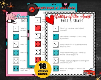 Puede incluir: Tres tarjetas de juego de estilo retro con títulos como "Remember Roll" y "Matters of the Heart". Cada tarjeta presenta dados y preguntas para iniciar la conversación. Un círculo amarillo dice "18 Unique Cards".