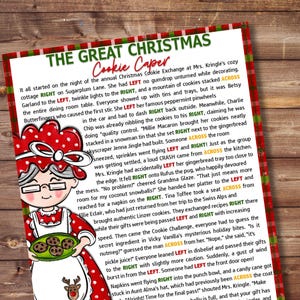 May include: A festive Christmas-themed print titled "The Great Christmas Cookie Caper." The illustration features a cartoon of a woman holding a tray of cookies. The text is in a whimsical font, with a red and green color scheme.