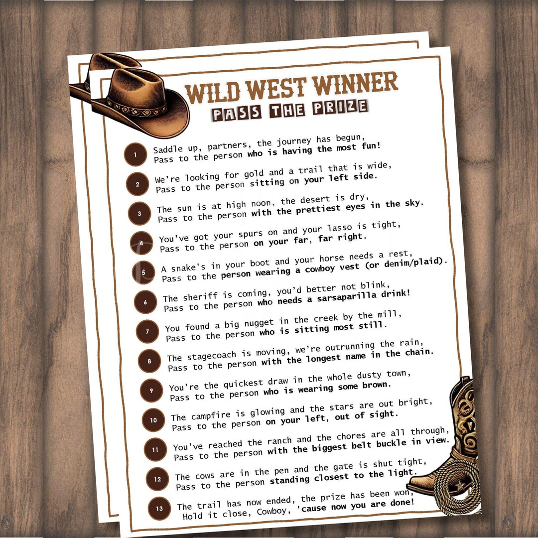 Western Pass the Prize Game, Wild West Cowboy Birthday Party Activity ...
