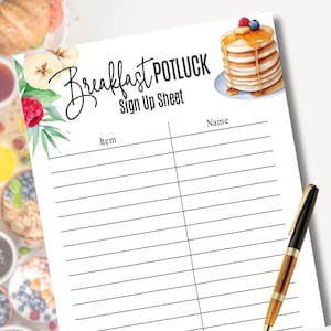 May include: A printable sign-up sheet for a breakfast potluck. The sheet has a watercolor illustration of a stack of pancakes with syrup and berries, and a floral design with red berries. The text on the sheet reads "Breakfast Potluck Sign Up Sheet" and has columns for "Item" and "Name".