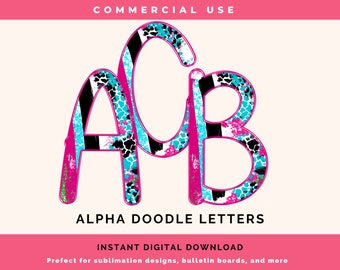 Doodle Letters Artistic Doodle Alphabet Set-Uppercase, Lowercase, and Number Sublimation PNGs for Commercial Use