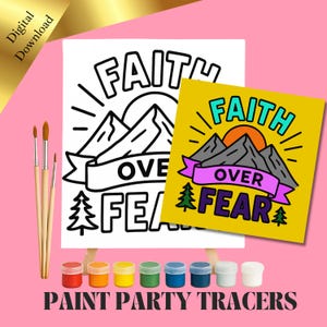 Paint Party Tracer Faith over Fear - christelijk canvas transfer | VBS-afdrukbare schriftkunst voor Paint Night | Kleurplaat Bijbeltekst