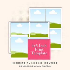 May include: A digital print template featuring multiple rectangular frames on a single sheet. Each frame displays a light blue sky, a white cloud, and green rolling hills. A pink square overlay contains the white text 4x5 Inch Print Template.