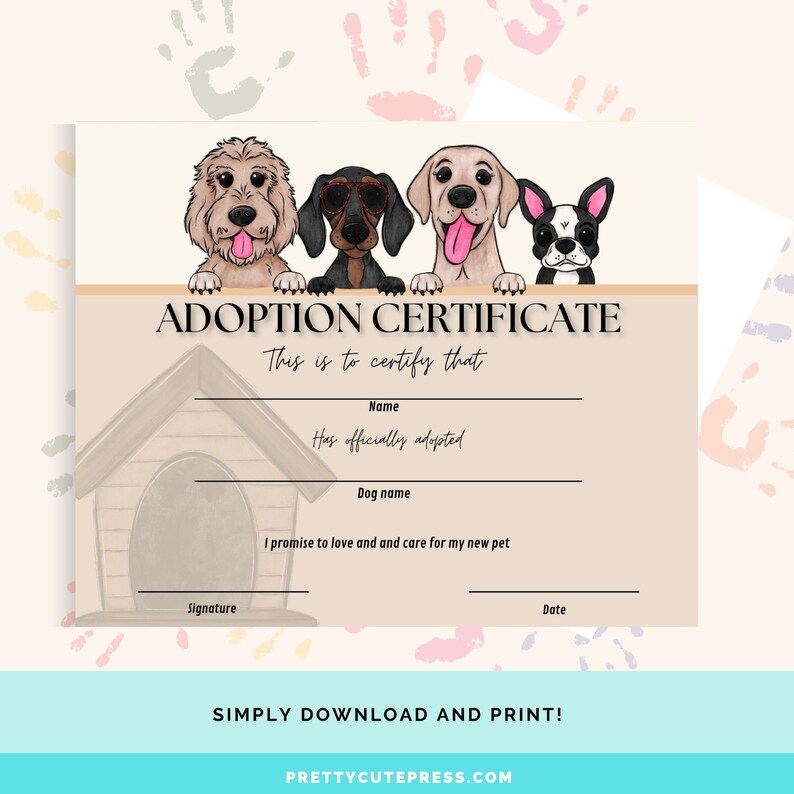 Dog Adoption Certificate Printable for Kids New Puppy Gift for Pet Owners Featuring Cute Hand ...