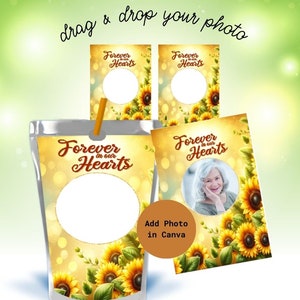 Etiqueta de jugo de girasol, pegatina conmemorativa funeraria personalizable, para siempre en nuestros corazones, en memoria amorosa, celebración de la vida, etiqueta de bebida imprimible