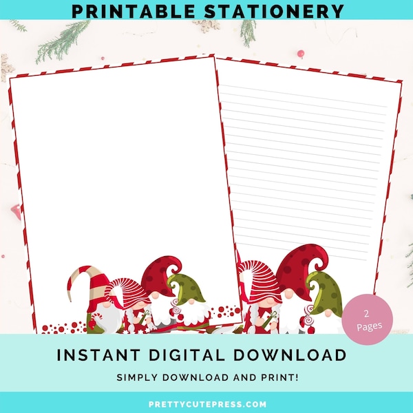 Weihnachten Gnome Printable Briefpapier, Urlaub Briefpapier Set, digitales Schreiben Seiten, Briefpapier Blätter, Sofort Download
