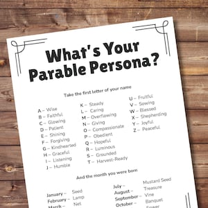 May include: A white sheet of paper with the title "What's Your Parable Persona?" in black lettering. The sheet lists personality traits and months with associated parables. It rests on a wooden surface.