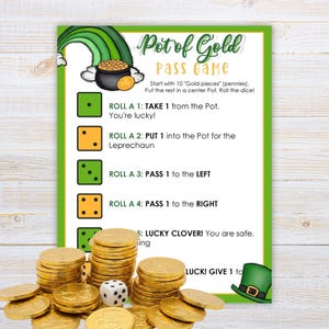 Puede incluir: Una colorida tarjeta de juego del Día de San Patricio con el título "Pot of Gold Pass Game". La tarjeta presenta instrucciones, ilustraciones de dados y un gráfico de una olla de oro. Monedas de oro y un dado en la parte inferior.