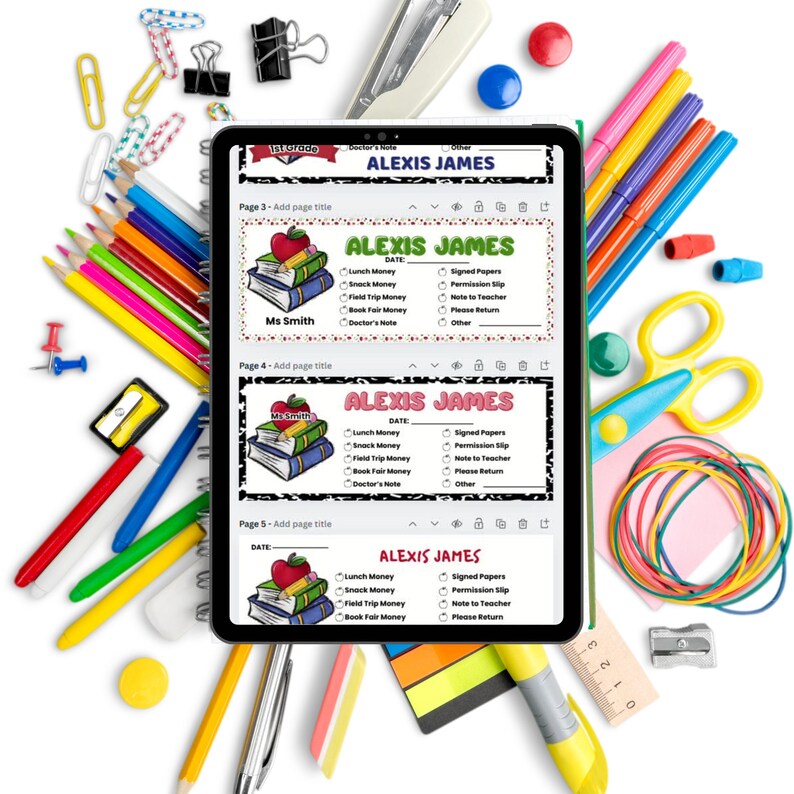 May include: A tablet displaying school forms with the name "ALEXIS JAMES" and a stack of books with an apple on top. The tablet is surrounded by colorful school supplies like pencils, scissors, and paperclips, creating a vibrant educational theme.