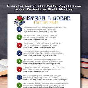 May include: A game card titled "GRADED & FADED PASS THE PRIZE" with instructions for a staff meeting or end-of-year party. The card features a stack of books with an apple on top and numbered prompts.