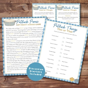 Könnte beinhalten: Drei Spielkarten mit blau-weiß kariertem Rand, betitelt mit "Potluck Panic" und "Potluck Things". Die Karten enthalten Gesprächsaufhänger und ein "Dies oder Das"-Spiel, ideal für ein Potluck.