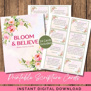 Cartões de Escrituras para Imprimir para Mulheres | Cartões de Versículos Bíblicos Bloom & Believe + Papelaria Floral Bônus | Conjunto de Presentes de Encorajamento Cristão
