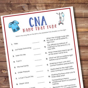 May include: A printed game sheet titled CNA Name That Tune with a red border. The page features a blue scrub top illustration, an IV pole, and a matching activity with eight song titles on the left and eight CNA work scenarios on the right.