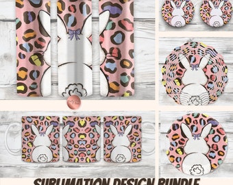 Easter Bunny Sublimation Design Bundle, DFY Colorful Leopard Print Tumbler, Earrings, Wind Spinner, & Coaster Commercial Use  PNG Art