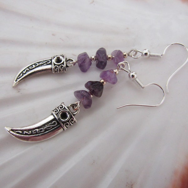 Viking Horn Earrings - Amethyst Chip Beads