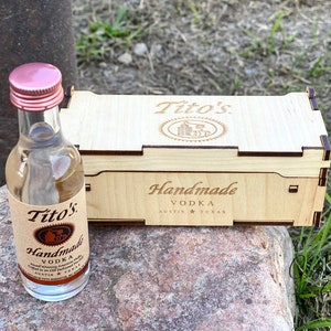 Wood Custom Tito's Shot Bottle Box GROOMSMEN GIFT, 21st Birthday Gift, Anniversary, Engraved Wood Keepsake Box, Gift Card Holder