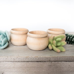 以下が含まれることがあります： 薄い茶色の仕上げが施された小さな木製鉢が3つあります。鉢は薄い灰色の木製の表面に一列に並んでいます。表面には緑色のフェルトの多肉植物が2つと、青色のフェルトの多肉植物が1つあります。