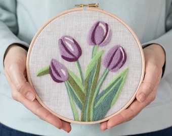 Tulips Needle Felting Kit - Easter or Spring - beginner friendly - Coloring with Wool - DIY Craft Gift - printed pattern hoop art