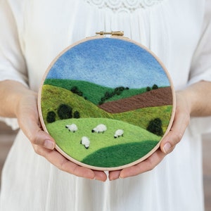 Grazing Sheep Needle Felting Kit - beginner friendly - includes video instructions - DIY Craft Gift - farm painting with wool