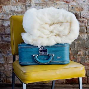 May include: A vintage blue suitcase with a silver lock and the word "Skyway" on the front, sitting on a yellow chair. A large white fluffy ball of wool sits on top of the suitcase.