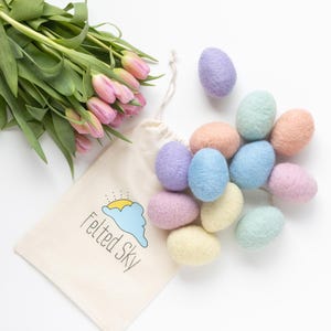 May include: A set of ten pastel-colored felt Easter eggs in a white drawstring bag with the text "Felted Sky".