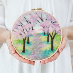 Cherry Blossoms Needle Felting Kit beginner friendly includes video instructions DIY Craft Gift Painting with Wool image 1