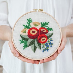 Holiday Bouquet Needle Felting Kit beginner friendly Coloring with Wool DIY Craft Gift Christmas decoration hoop art image 1