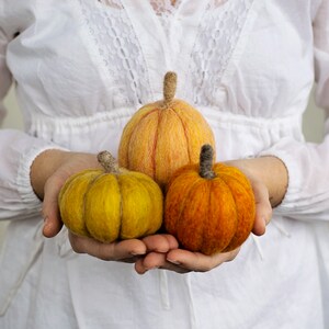 May include: Three handmade felt pumpkins in shades of yellow and orange. The pumpkins have textured surfaces and brown stems. The pumpkins are held in cupped hands against a white background. Perfect for fall decor.