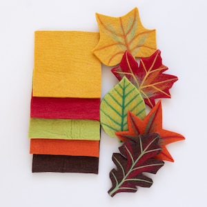 May include: A set of six felt leaves in various autumn colors, including orange, red, green, and brown. The leaves are arranged on a white background. The leaves are all different shapes and sizes, and they have been cut out of felt and then stitched with embroidery thread.
