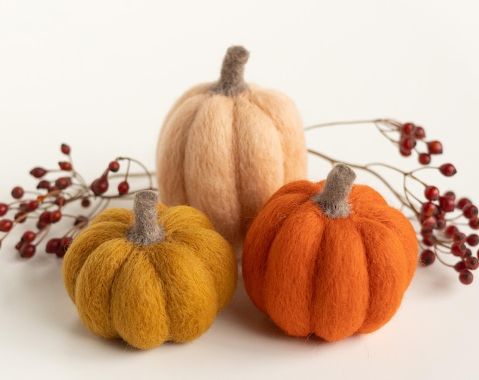 Pumpkin Trio Mini Needle Felting Kit - Halloween Fall Autumn Decoration - beginner friendly with video tutorial - DIY Craft Gift