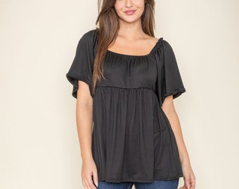 Solid Square Neck Flutter Sleeve Tunic | 5 Colors | S to 3X(Reg, Plus)
