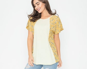 Crinkle Contrast Short Sleeve Tunic | Floral, Ikat Pattern | S to 3X | 4 Colors