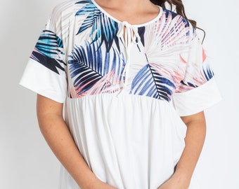 Print Panel Tie Keyhole Front Babydoll Tunic| 2 Colors | S to 3X(Reg, Plus)