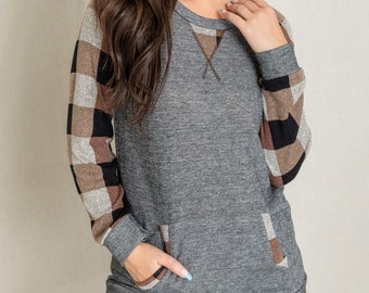 Checkered Raglan Sleeve Tunic with Kangaroo Pocket | 2 Colors | S to 3X (Reg, Plus)