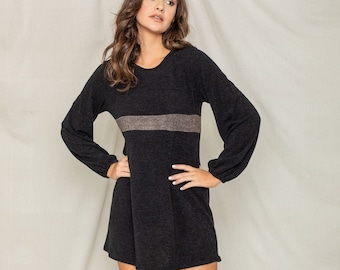 Color Block High Waist Accent Bishop Sleeve Tunic Dress | 2 Colors | S to 3X Plus