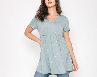 Polka Dot Short Sleeve V-Neck Babydoll Tunic