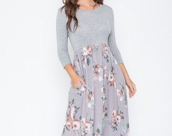 3/4 Sleeve Contrast Vintage Floral Maxi Dress | 2 COLORS | S to 3X(Reg, Plus)