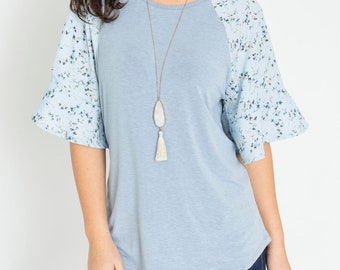 Contrast Floral Chiffon Ruffle Sleeve Raglan Tunic | 4 Colors | S to 3X