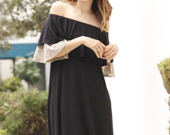 Off Shoulder Lace Ruffle Sleeve Midi Dress