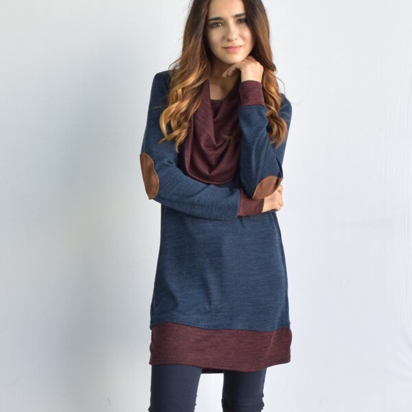 Two Toned Drape Neck Tunic With Suede Elbow Patches