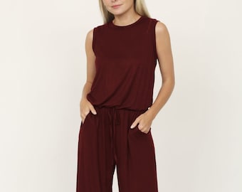 Solid Sleeveless Blouson Jumpsuit with Tie Keyhole Back | S to 3X | 4 Colors
