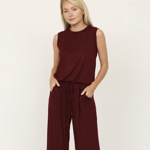 Solid Sleeveless Blouson Jumpsuit with Tie Keyhole Back S to 3X 4 Colors Burgundy