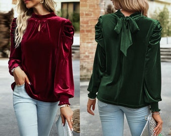 Soft  Mock Neck Key Hole Back Puff Sleeve Velvet Blouse