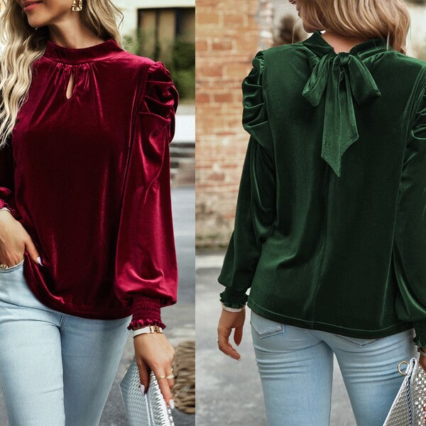 Soft  Mock Neck Key Hole Back Puff Sleeve Velvet Blouse